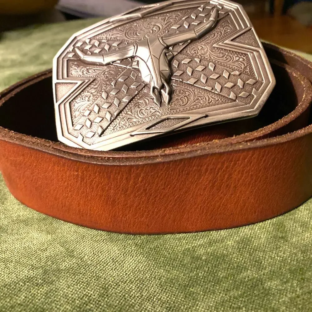 NOCONA Square Longhorn Buckle w/ NOCONA Belt Company‎ Brown Leather Belt  Sz 44